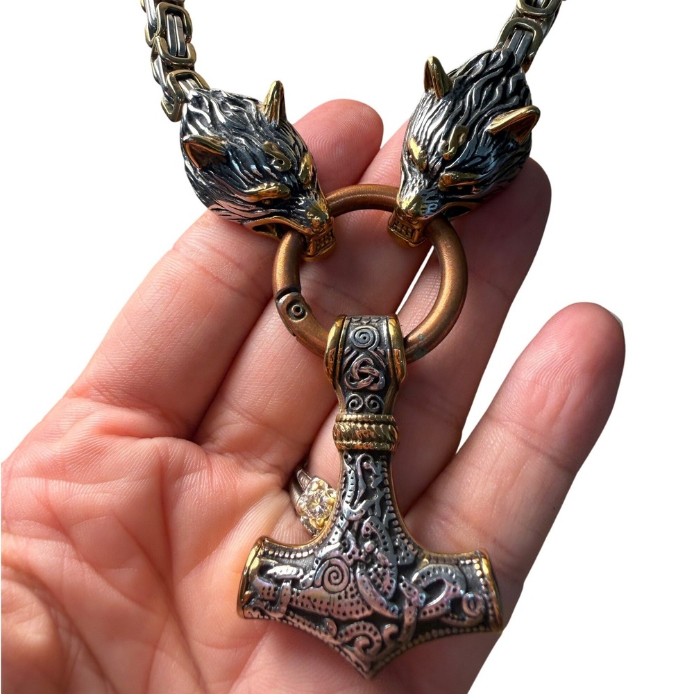 Silver Gold Two Tone Metal Mjolnir Thor Hammer Wolf Head Chain Necklace